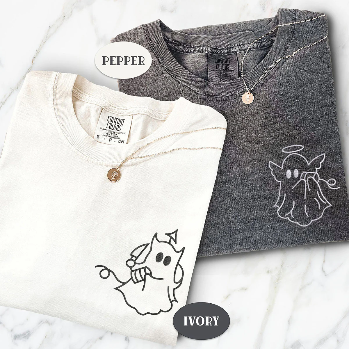 Custom Embroidered Angel Devil Ghost Matching T-shirts for Couples - Image 4