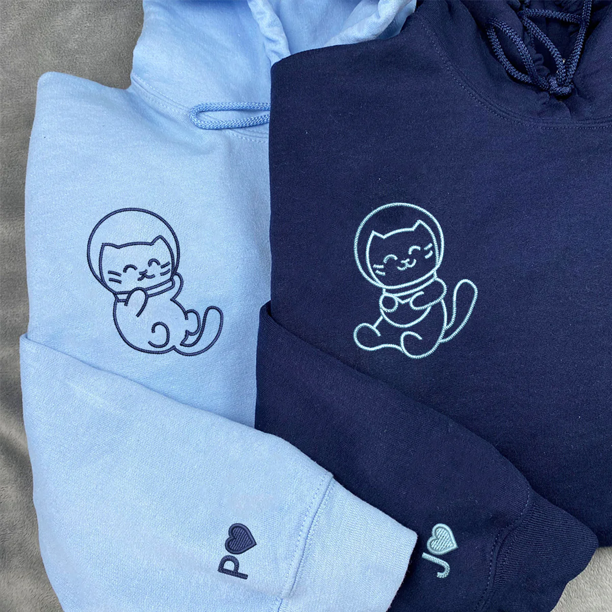 Custom Embroidered Astronaut Kitties Matching Hoodies for Couples - Image 4