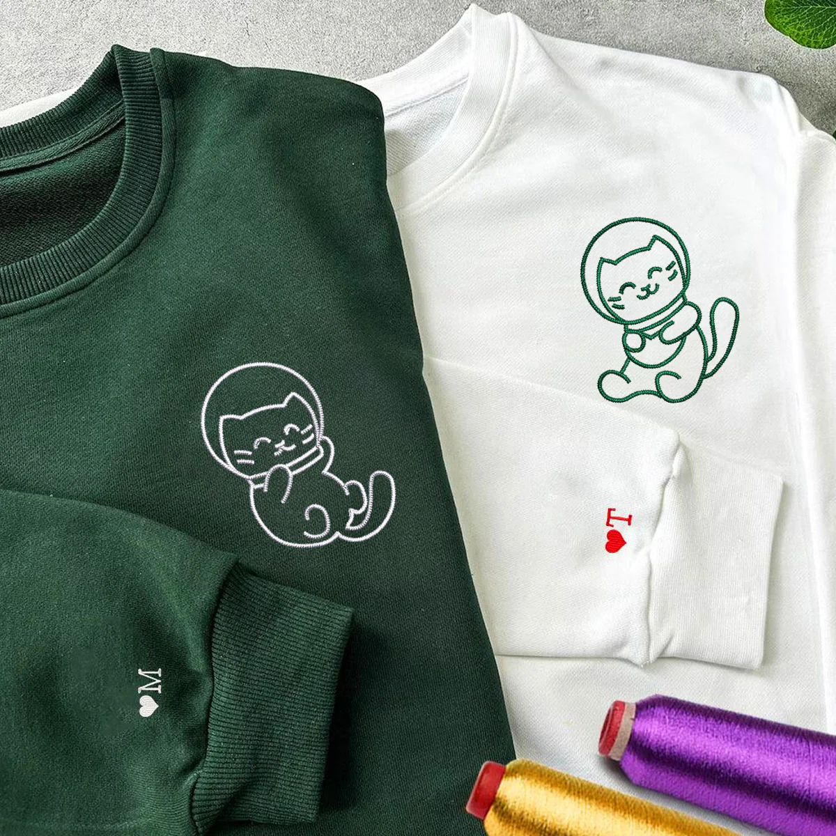 Custom Embroidered Astronaut Kitties Matching Hoodies for Couples - Image 5