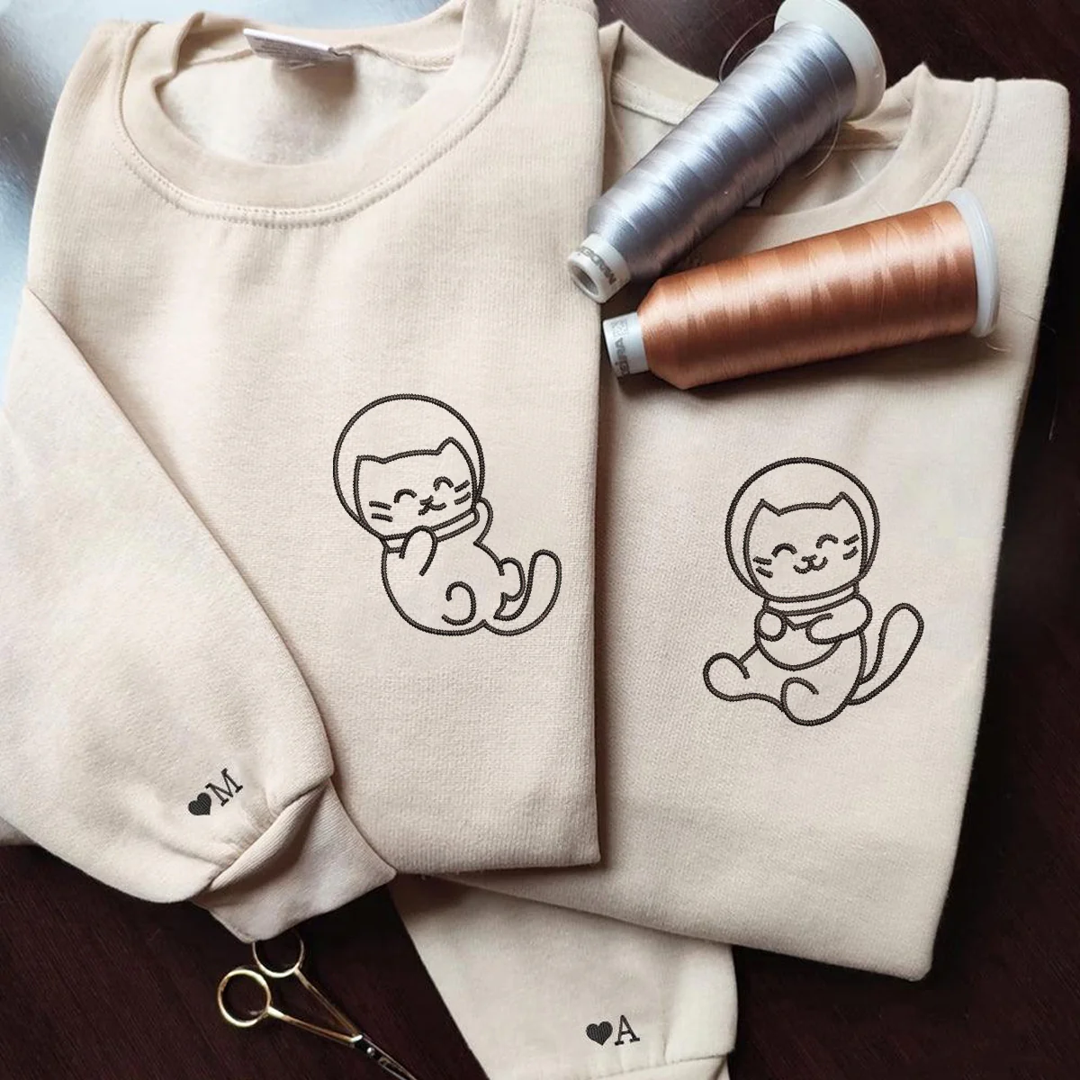 Custom Embroidered Astronaut Kitties Matching Hoodies for Couples - Image 6