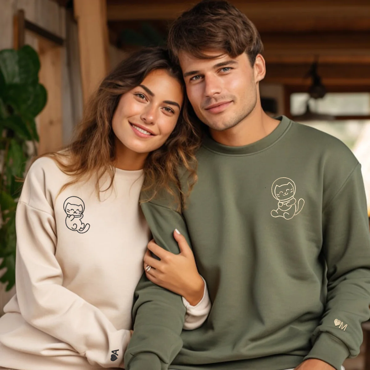 Custom Embroidered Astronaut Kitties Matching Hoodies for Couples - Image 7