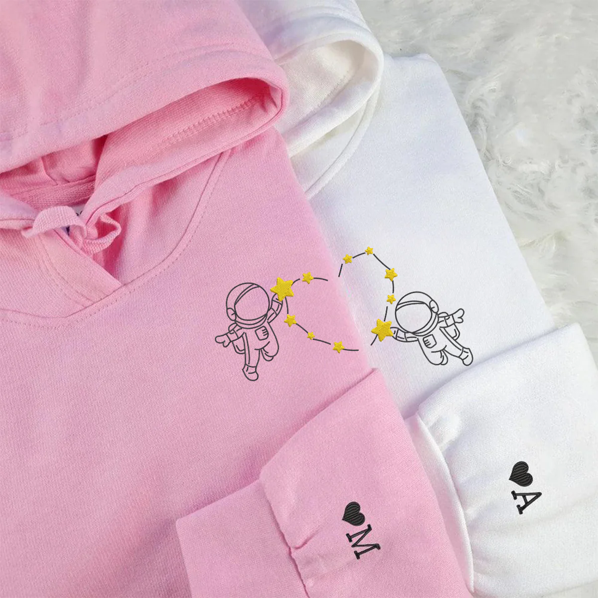 Custom Embroidered Astronaut with Star Heart Matching Hoodies for Couples - Image 2