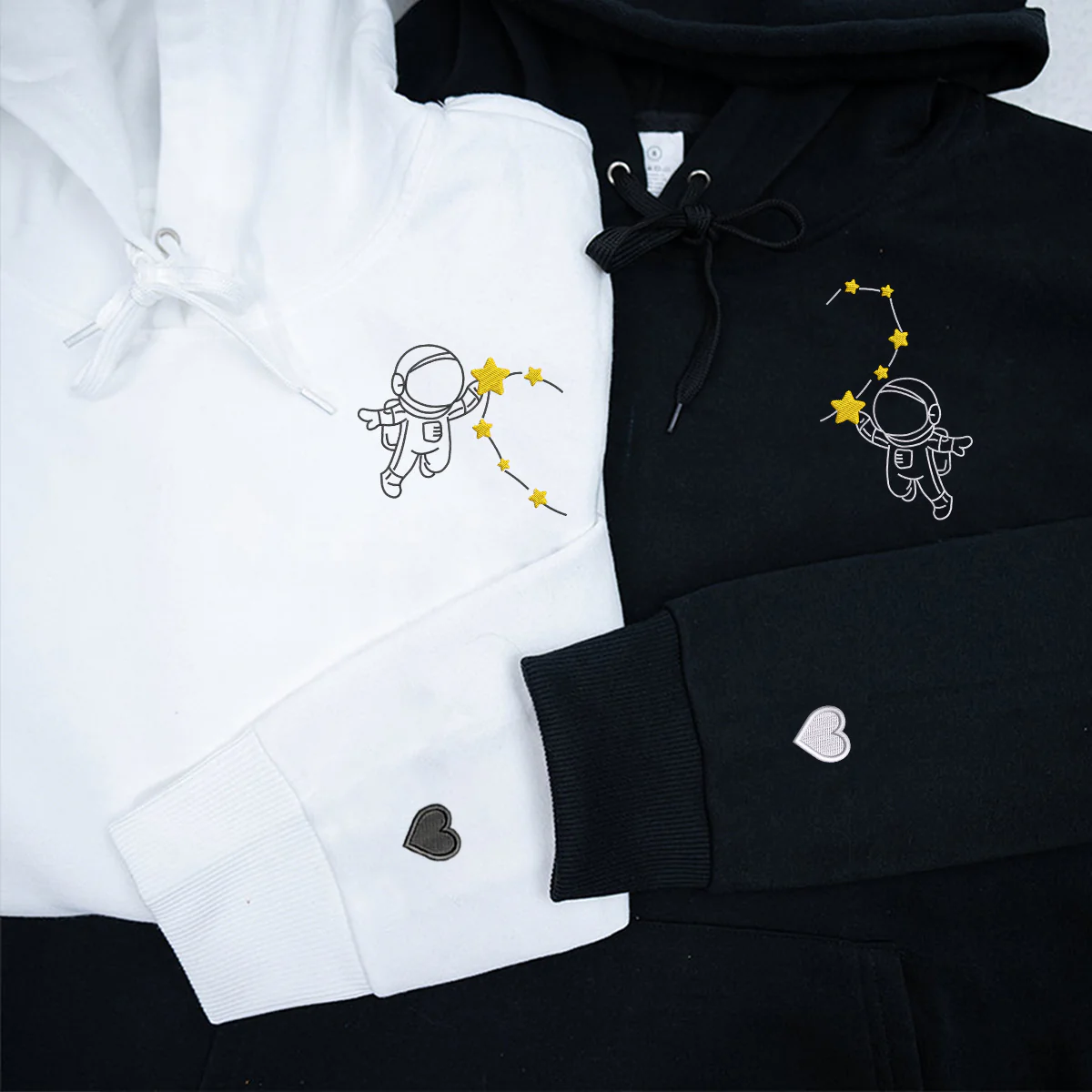 Custom Embroidered Astronaut with Star Heart Matching Hoodies for Couples - Image 3