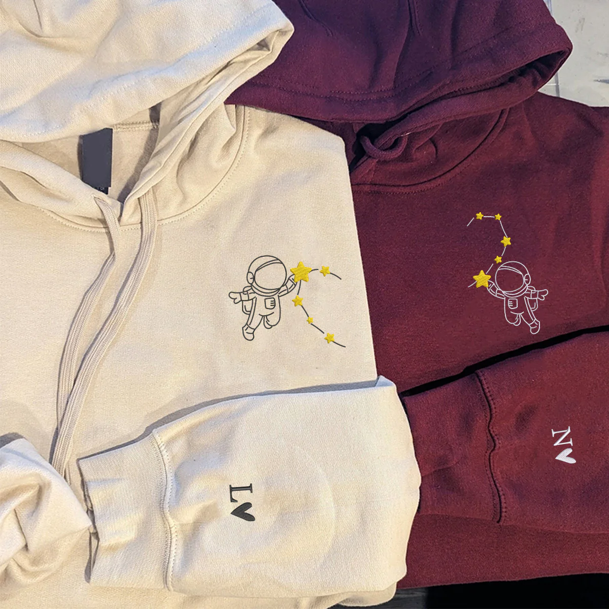 Custom Embroidered Astronaut with Star Heart Matching Hoodies for Couples - Image 4