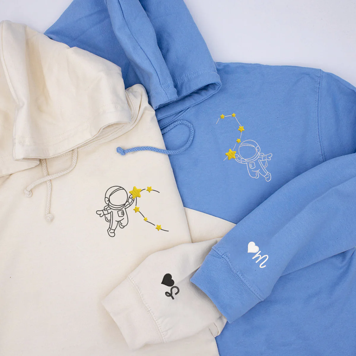 Custom Embroidered Astronaut with Star Heart Matching Hoodies for Couples - Image 5