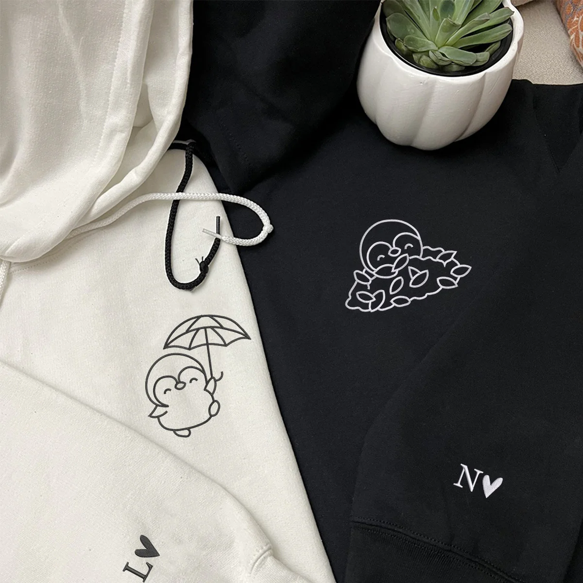 Custom Embroidered Autumn Penguin Matching Hoodies for Couples - Image 3