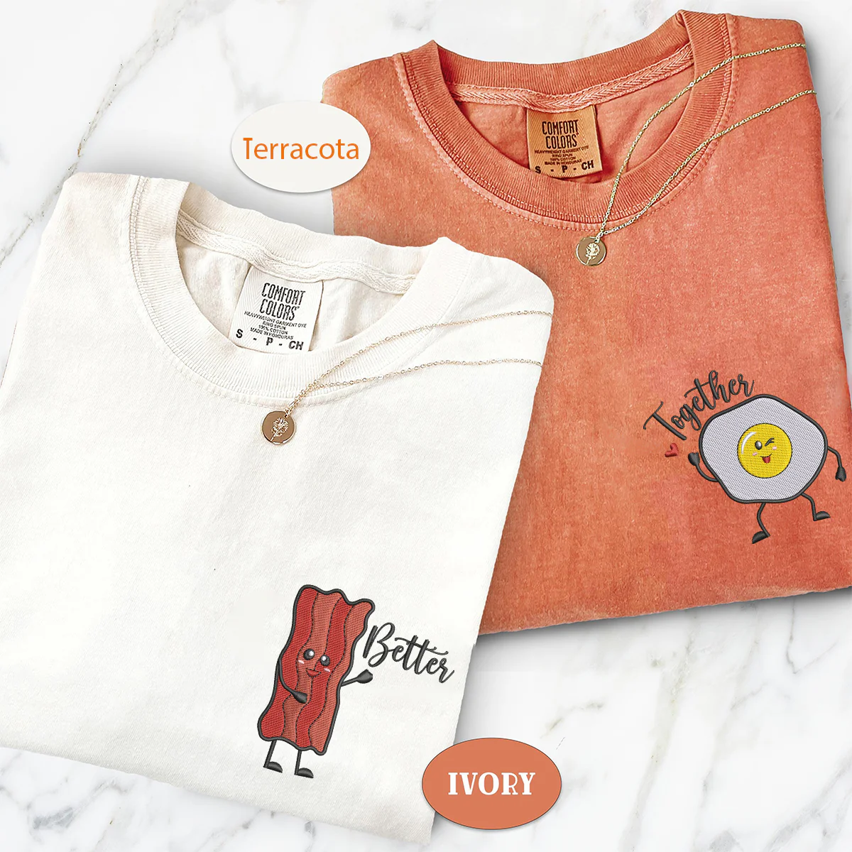 Custom Embroidered Bacon And Egg Matching T-shirts for Couples - Image 2