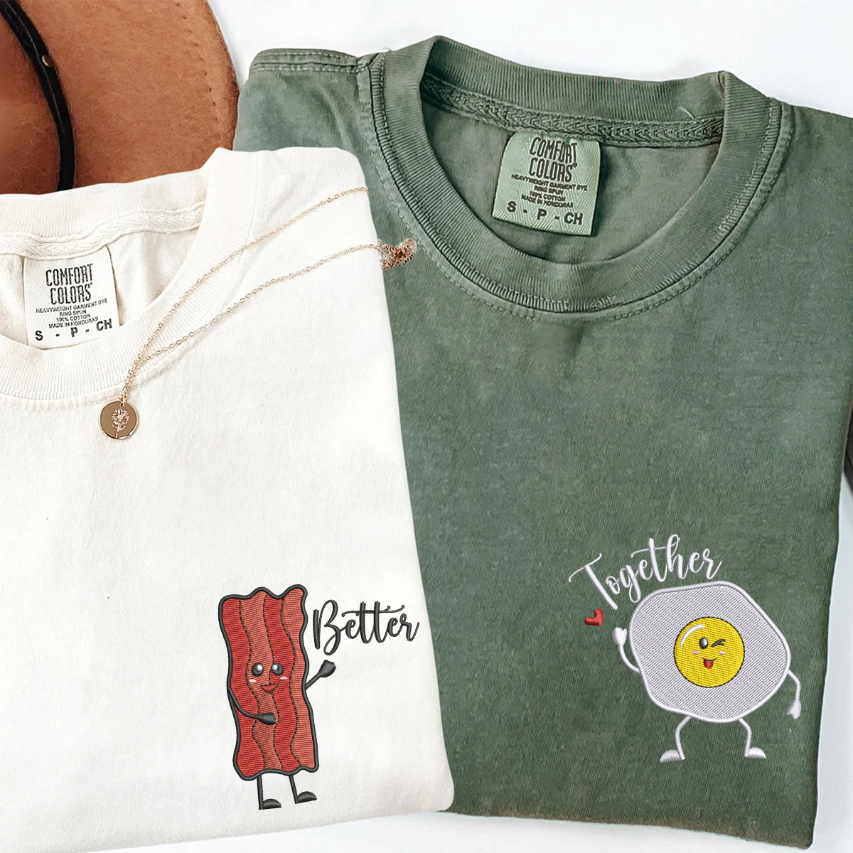 Custom Embroidered Bacon And Egg Matching T-shirts for Couples - Image 3