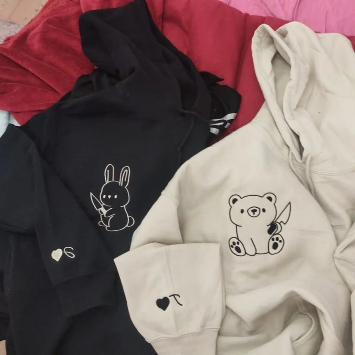 Custom Embroidered Bear and Rabbit Matching Hoodies for Couples - Image 3