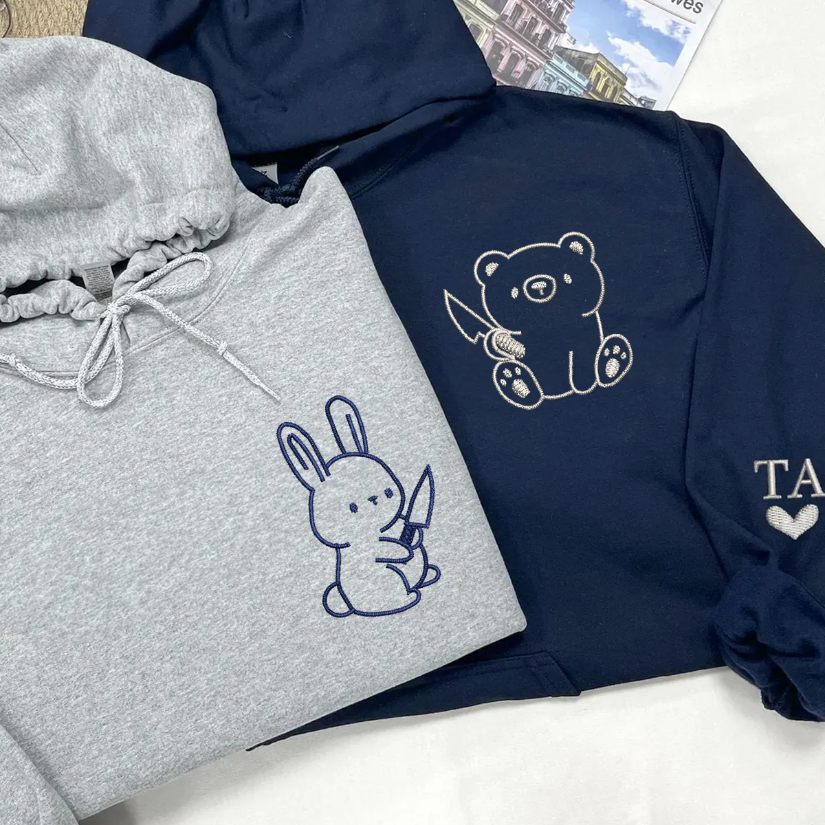 Custom Embroidered Bear and Rabbit Matching Hoodies for Couples - Image 4