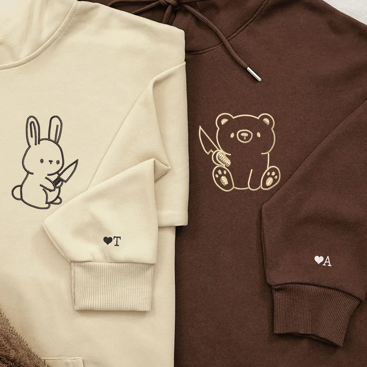 Custom Embroidered Bear and Rabbit Matching Hoodies for Couples - Image 5