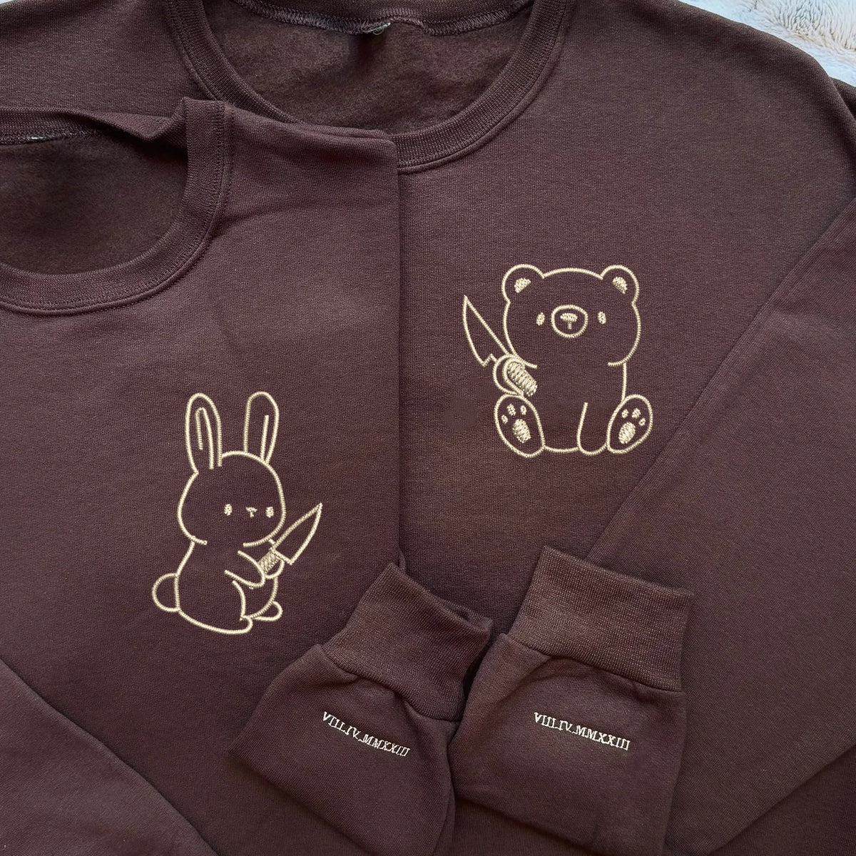 Custom Embroidered Bear and Rabbit Matching Hoodies for Couples - Image 6