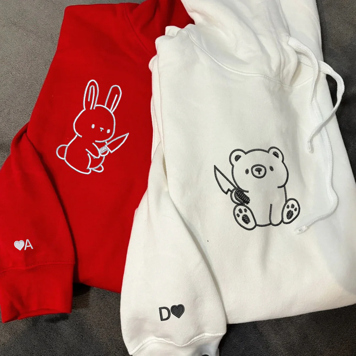 Custom Embroidered Bear and Rabbit Matching Hoodies for Couples - Image 7