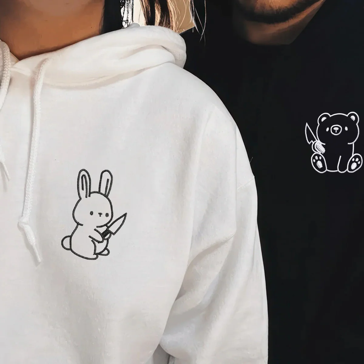 Custom Embroidered Bear and Rabbit Matching Hoodies for Couples - Image 8