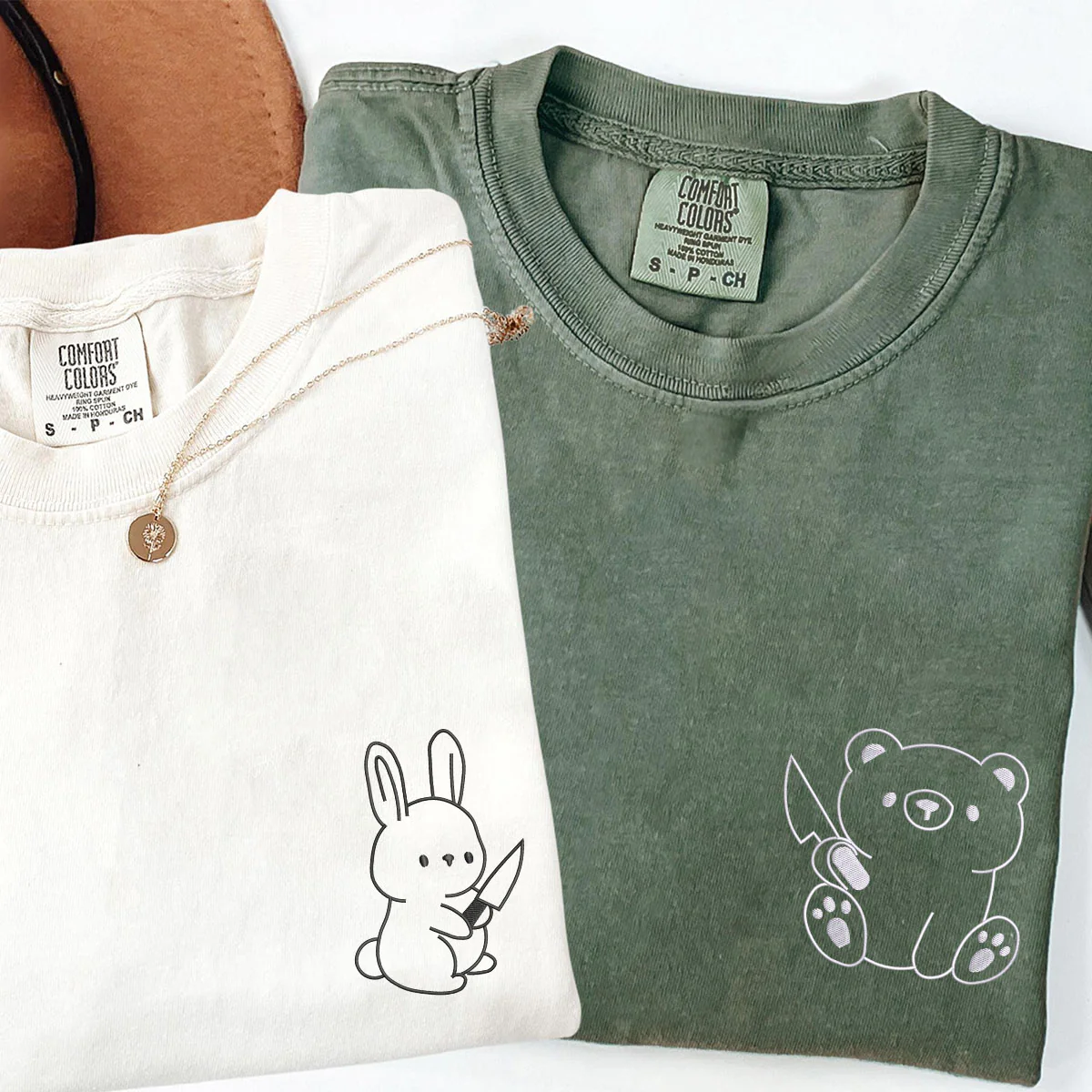 Custom Embroidered Bear and Rabbit Matching T-shirts for Couples - Image 2