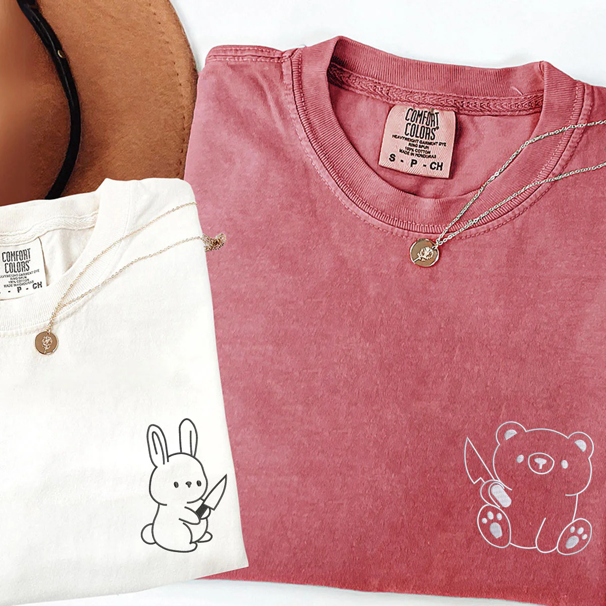 Custom Embroidered Bear and Rabbit Matching T-shirts for Couples - Image 4