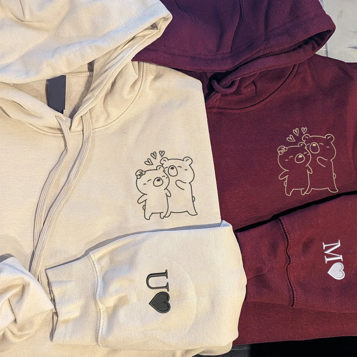 Custom Embroidered Bear Hug Matching Hoodies for Couples - Image 3