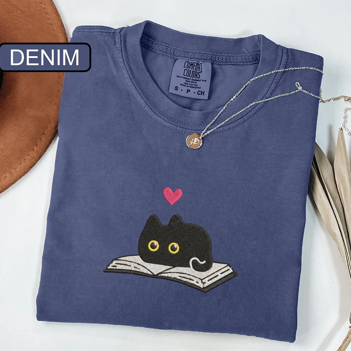 Custom Embroidered Black Cat and Book T-Shirt โ Cozy Reader Tee - Image 2