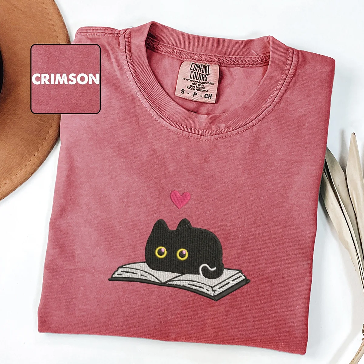 Custom Embroidered Black Cat and Book T-Shirt โ Cozy Reader Tee - Image 3
