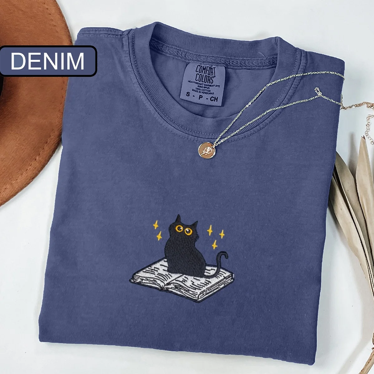 Custom Embroidered Black Cat Book T-Shirt - Cute Reader Gift Tee