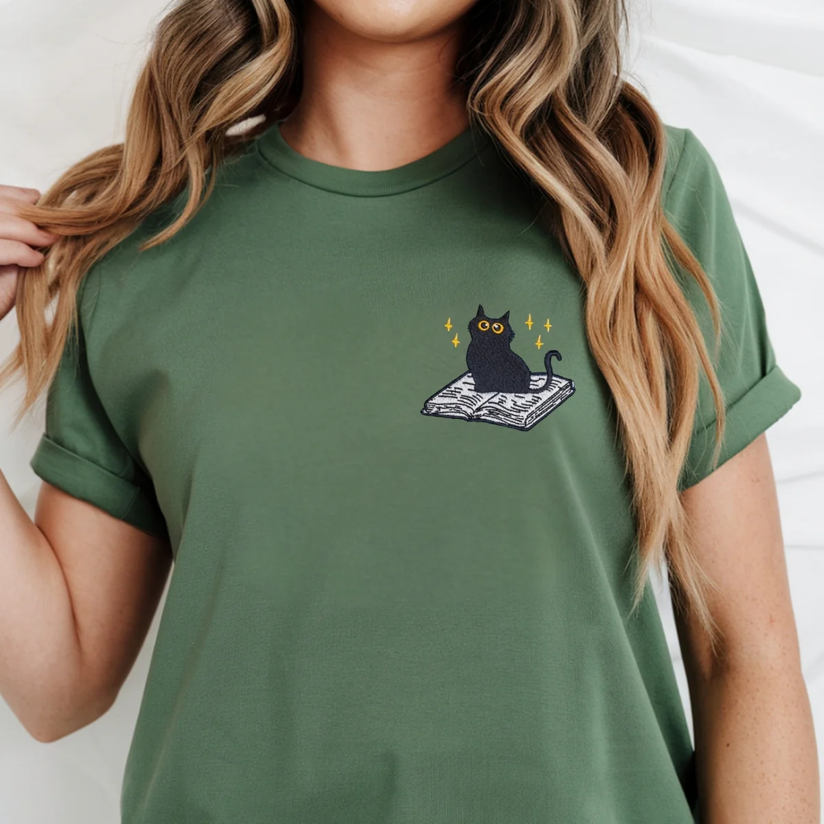 Custom Embroidered Black Cat Book T-Shirt - Cute Reader Gift Tee - Image 10