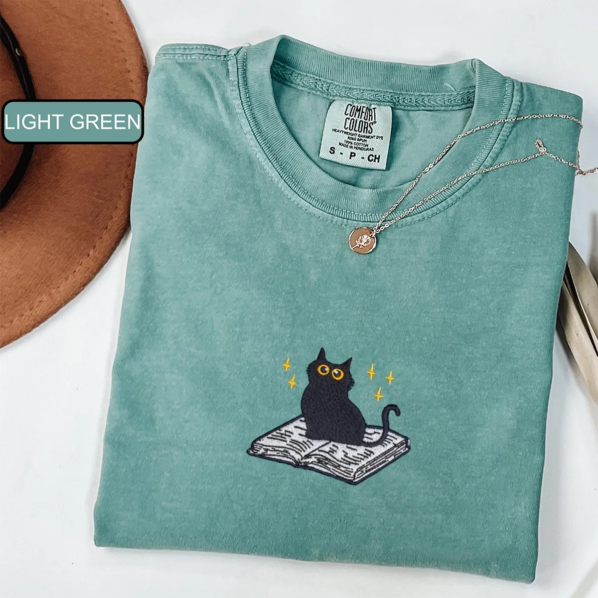 Custom Embroidered Black Cat Book T-Shirt - Cute Reader Gift Tee - Image 3