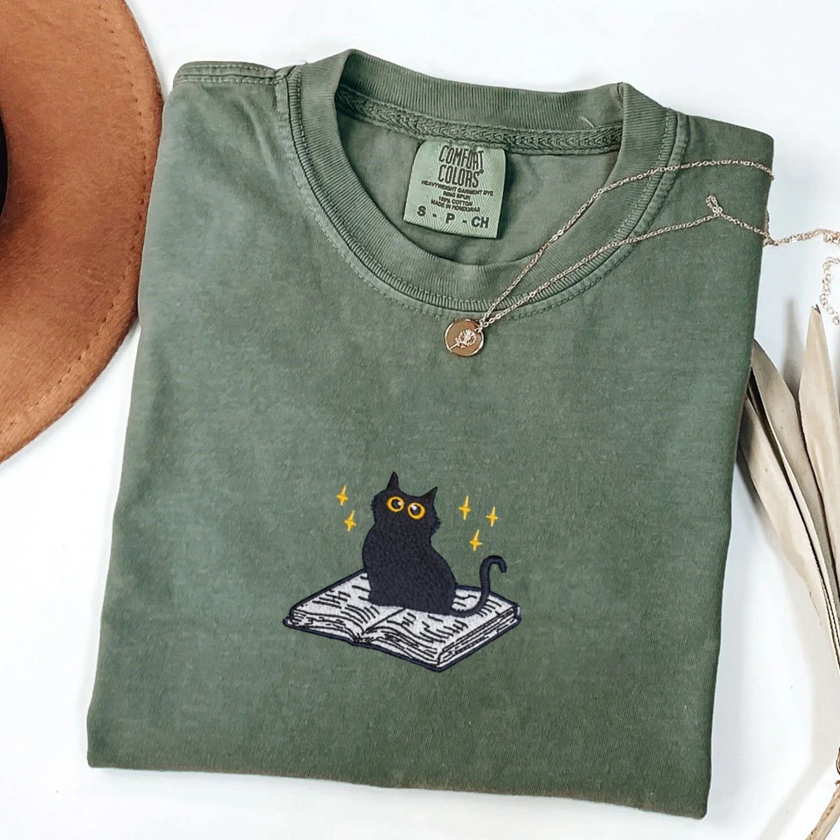 Custom Embroidered Black Cat Book T-Shirt - Cute Reader Gift Tee - Image 5