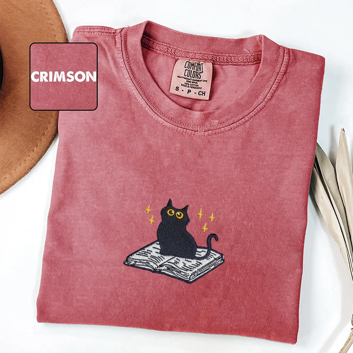 Custom Embroidered Black Cat Book T-Shirt - Cute Reader Gift Tee - Image 6