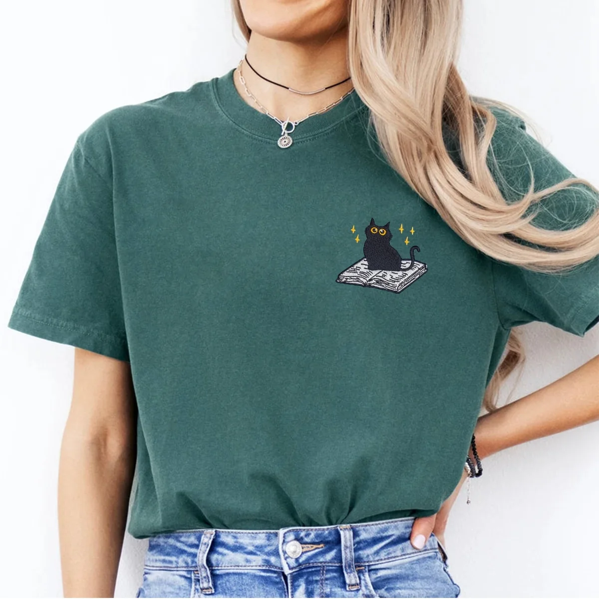 Custom Embroidered Black Cat Book T-Shirt - Cute Reader Gift Tee - Image 7