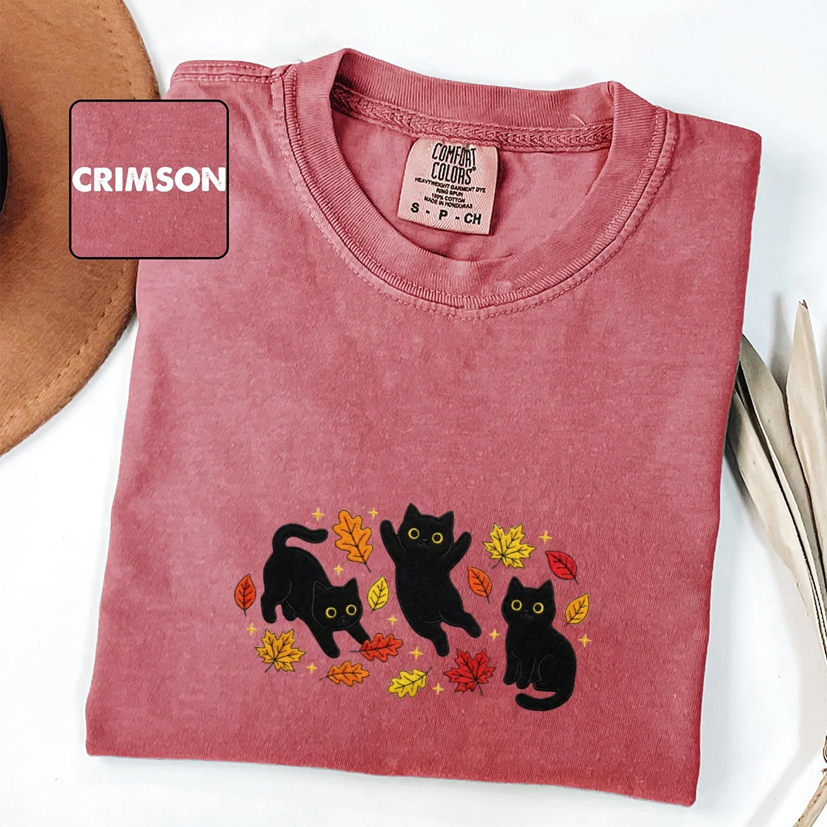 Custom Embroidered Black Cats and Fall Leaves T-Shirt โ Cozy Autumn Cat Lover Tee