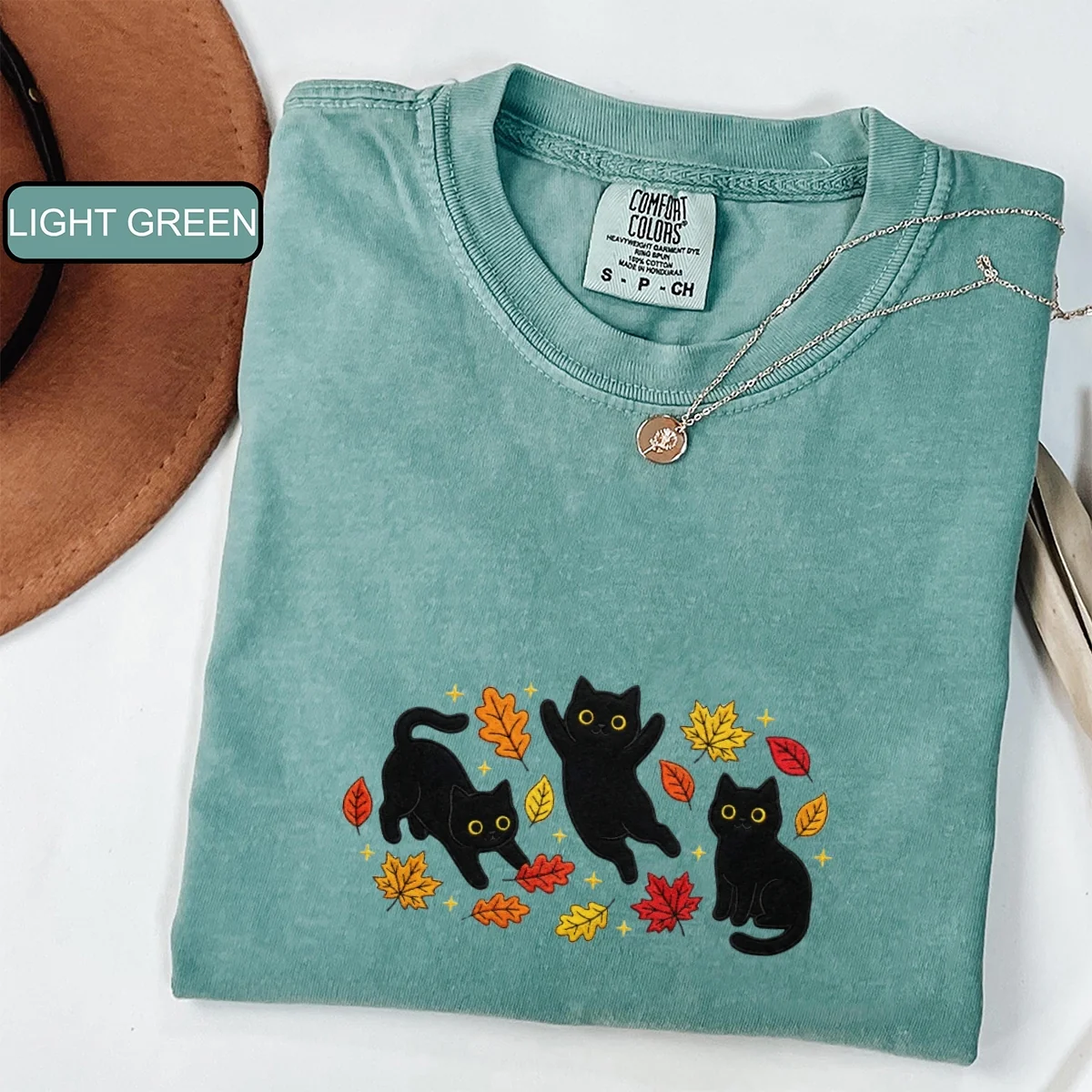 Custom Embroidered Black Cats and Fall Leaves T-Shirt โ Cozy Autumn Cat Lover Tee - Image 3