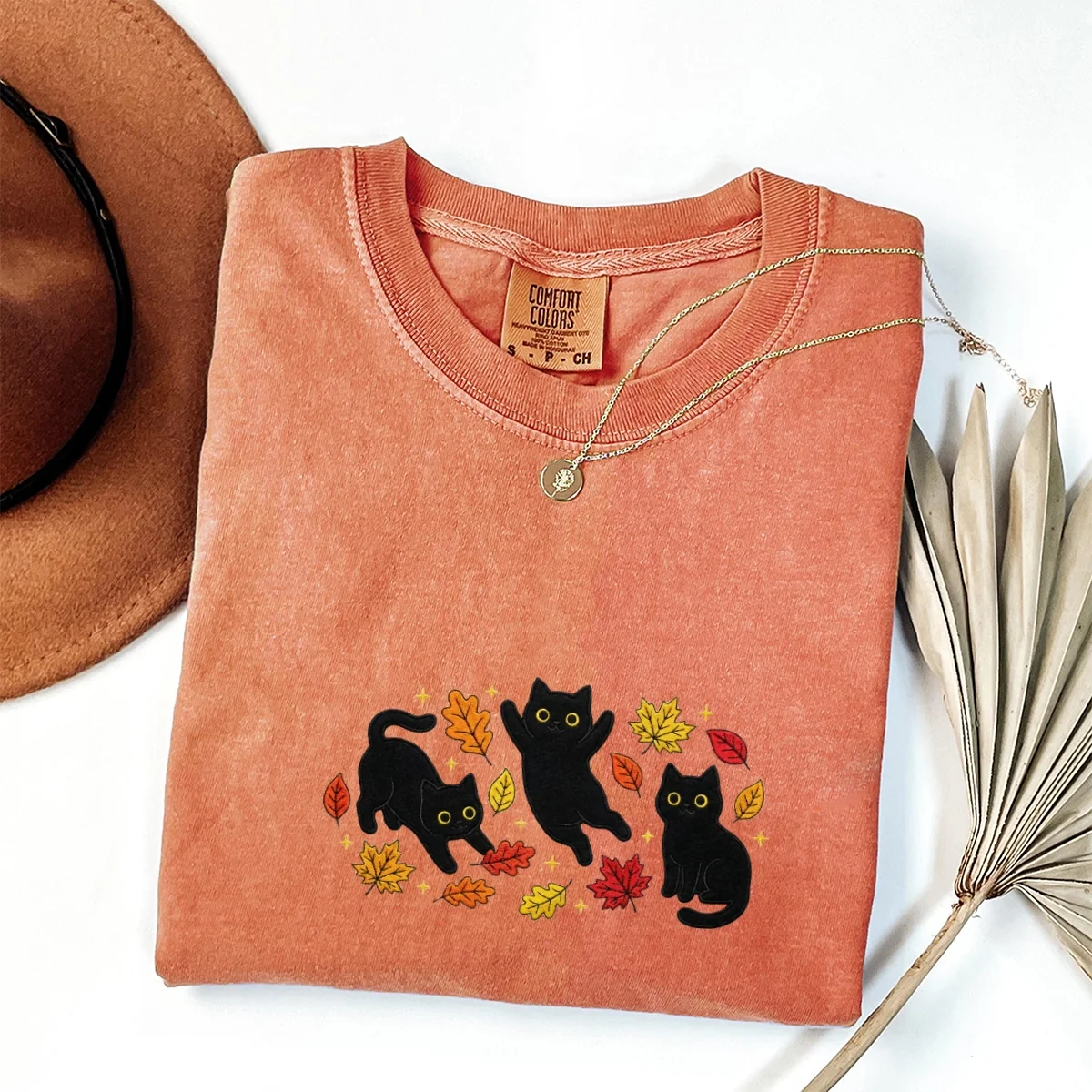 Custom Embroidered Black Cats and Fall Leaves T-Shirt โ Cozy Autumn Cat Lover Tee - Image 4