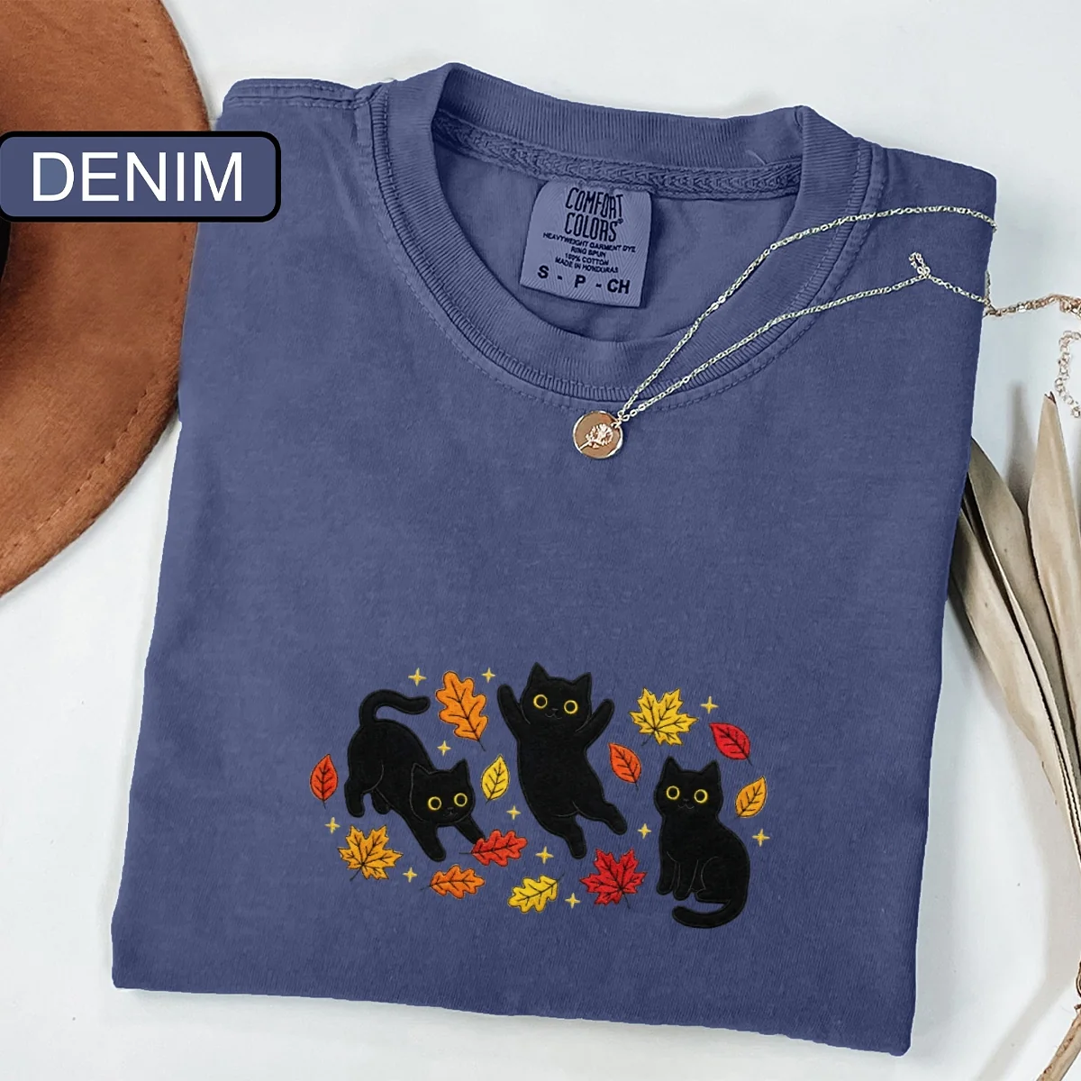 Custom Embroidered Black Cats and Fall Leaves T-Shirt โ Cozy Autumn Cat Lover Tee - Image 5