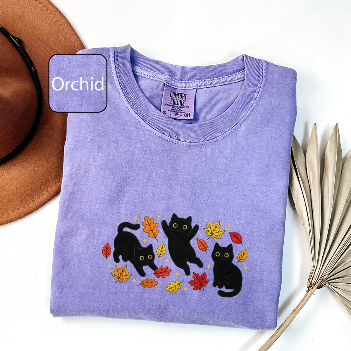 Custom Embroidered Black Cats and Fall Leaves T-Shirt โ Cozy Autumn Cat Lover Tee - Image 6