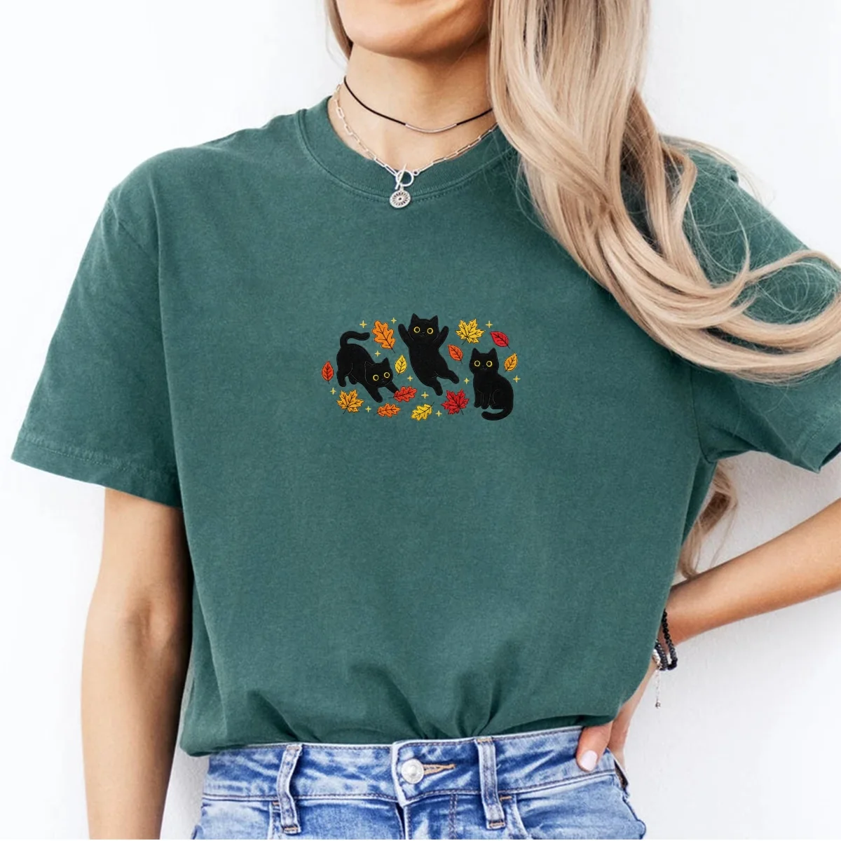 Custom Embroidered Black Cats and Fall Leaves T-Shirt โ Cozy Autumn Cat Lover Tee - Image 7
