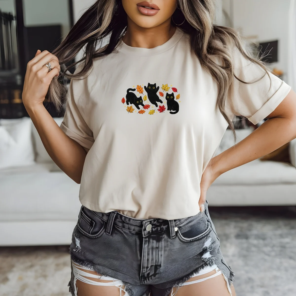 Custom Embroidered Black Cats and Fall Leaves T-Shirt โ Cozy Autumn Cat Lover Tee - Image 8