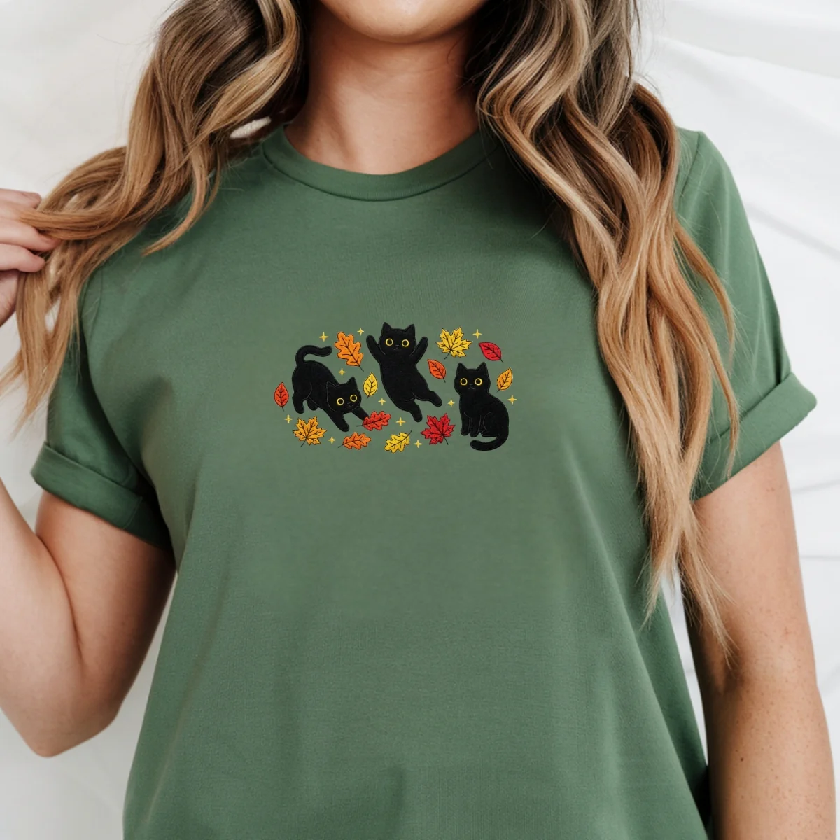 Custom Embroidered Black Cats and Fall Leaves T-Shirt โ Cozy Autumn Cat Lover Tee - Image 9