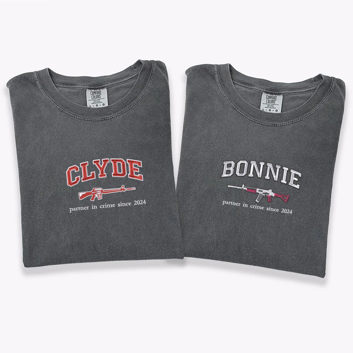 Custom Embroidered Bonnie and Clyde Matching T-shirts for Couples - Image 2