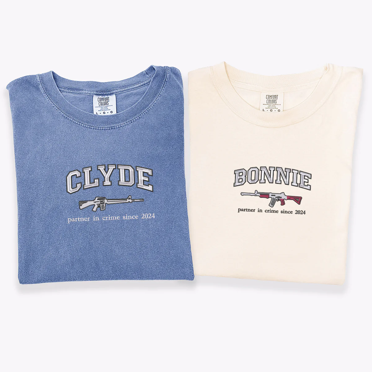 Custom Embroidered Bonnie and Clyde Matching T-shirts for Couples - Image 3