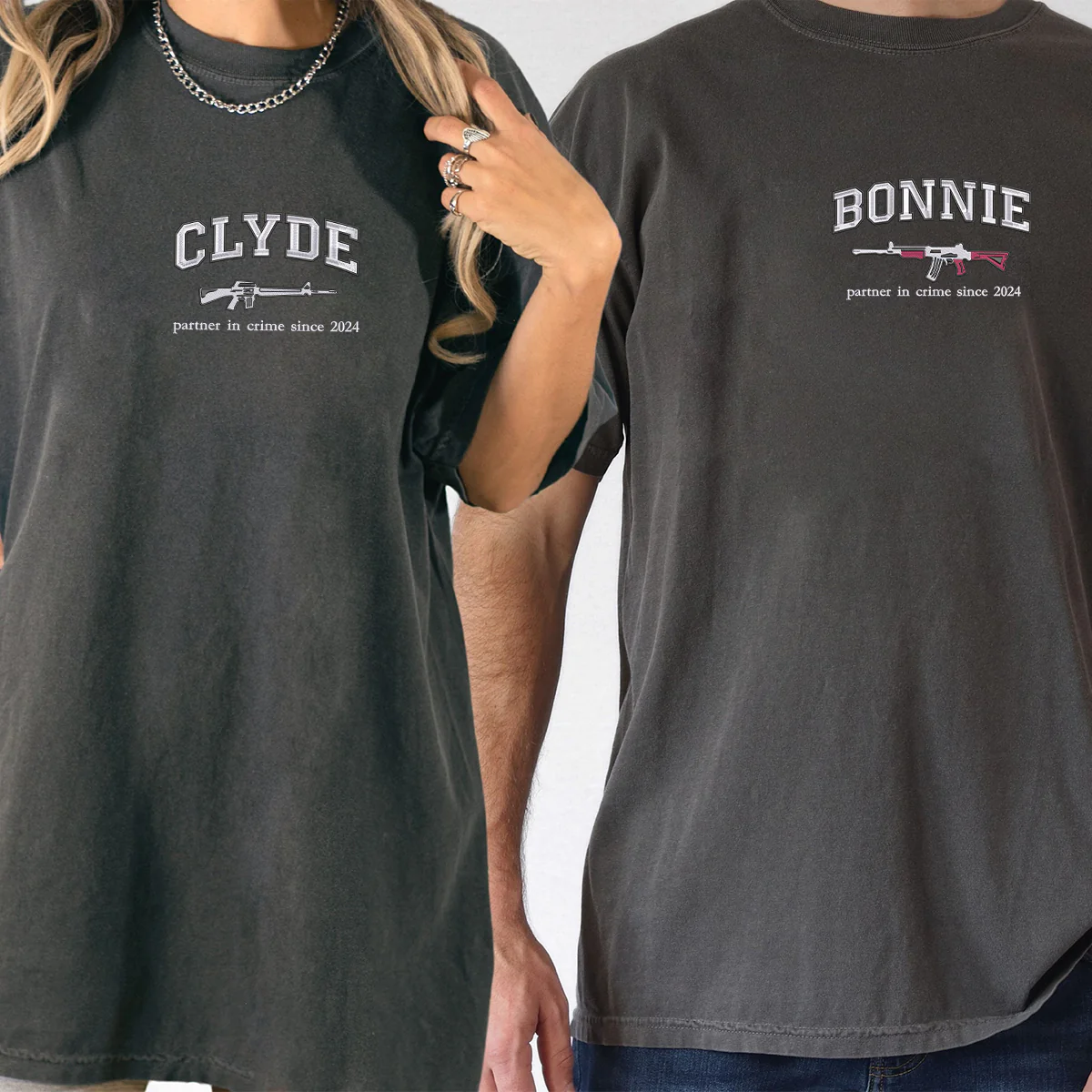 Custom Embroidered Bonnie and Clyde Matching T-shirts for Couples - Image 6