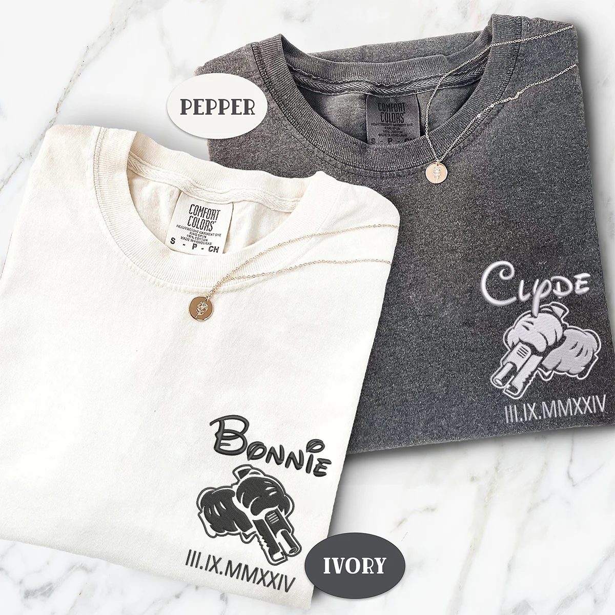 Custom Embroidered Bonnie and Clyde Roman Numerals Matching T-shirts for Couples - Image 2
