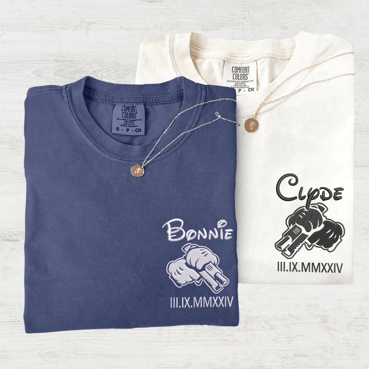 Custom Embroidered Bonnie and Clyde Roman Numerals Matching T-shirts for Couples - Image 3