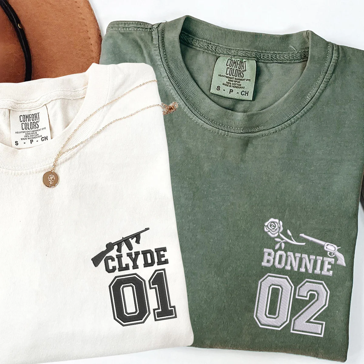 Custom Embroidered Bonnie and Clyde Varsity Matching T-shirts for Couples