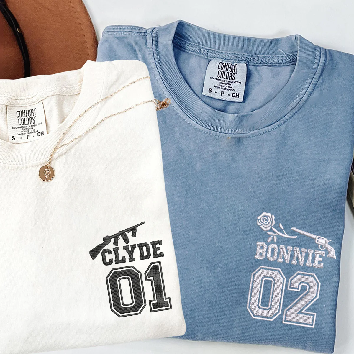 Custom Embroidered Bonnie and Clyde Varsity Matching T-shirts for Couples - Image 3