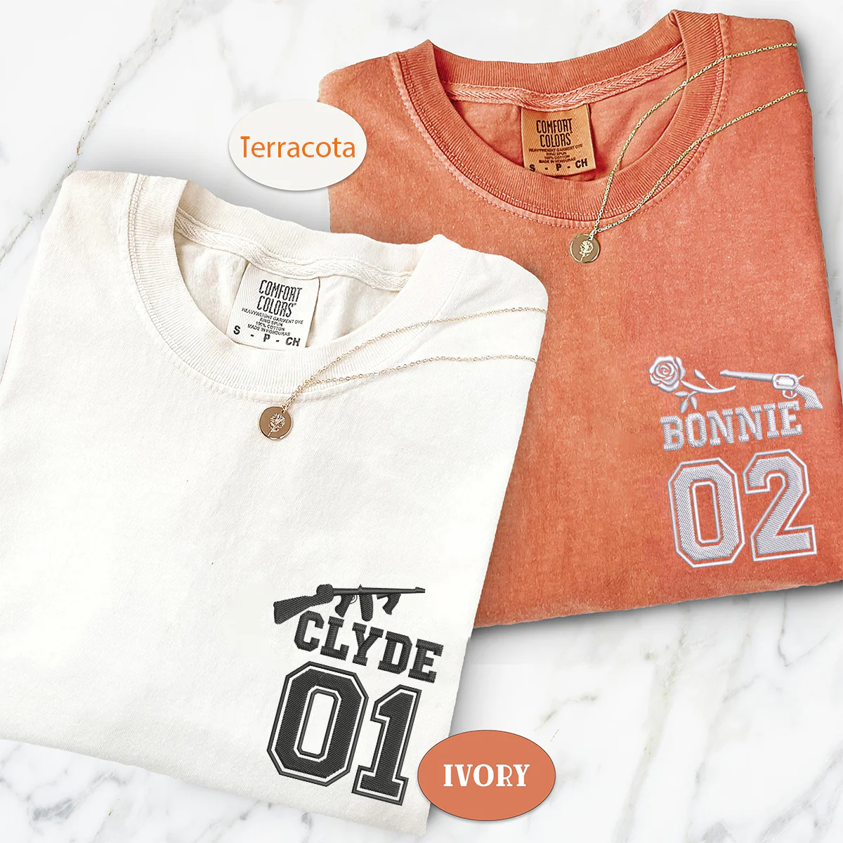 Custom Embroidered Bonnie and Clyde Varsity Matching T-shirts for Couples - Image 4