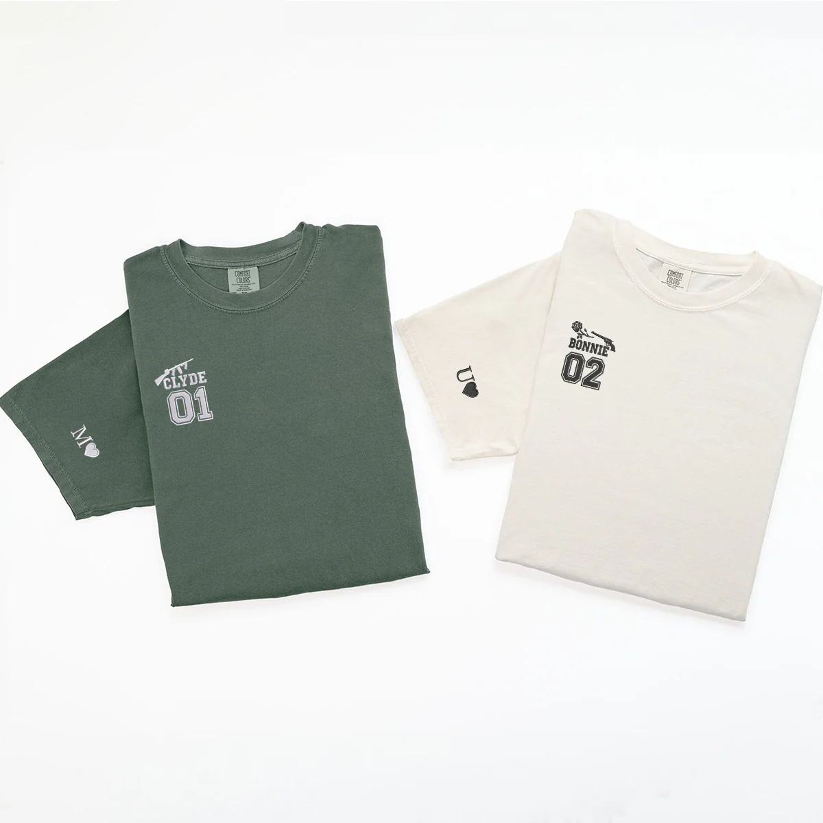 Custom Embroidered Bonnie and Clyde Varsity Matching T-shirts for Couples - Image 5