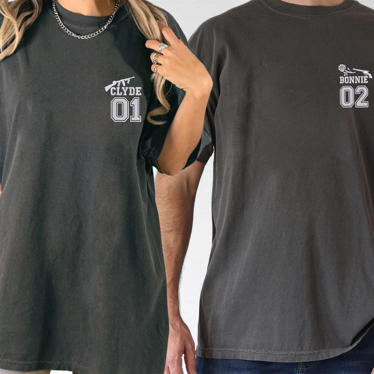 Custom Embroidered Bonnie and Clyde Varsity Matching T-shirts for Couples - Image 6