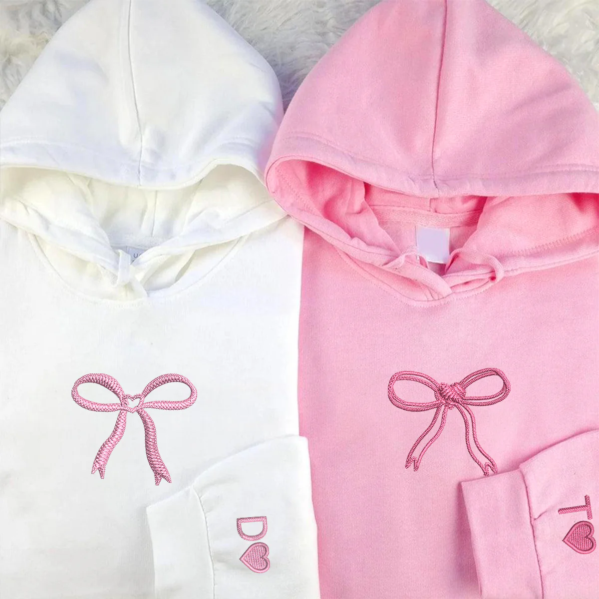 Custom Embroidered Bow Ribbon Heart Matching Hoodies for Couples - Image 2