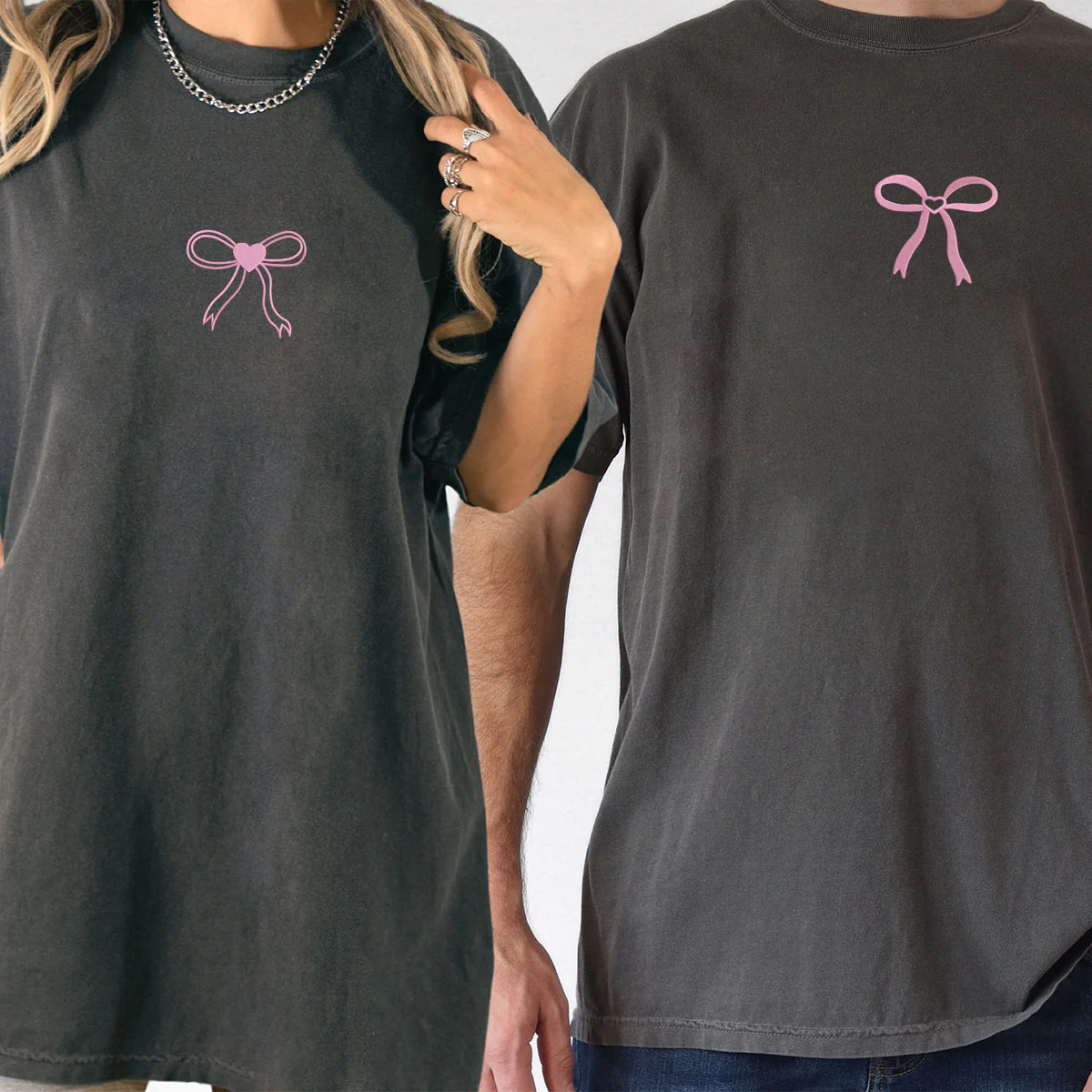 Custom Embroidered Bow Ribbon Heart Matching T-shirts for Couples - Image 6