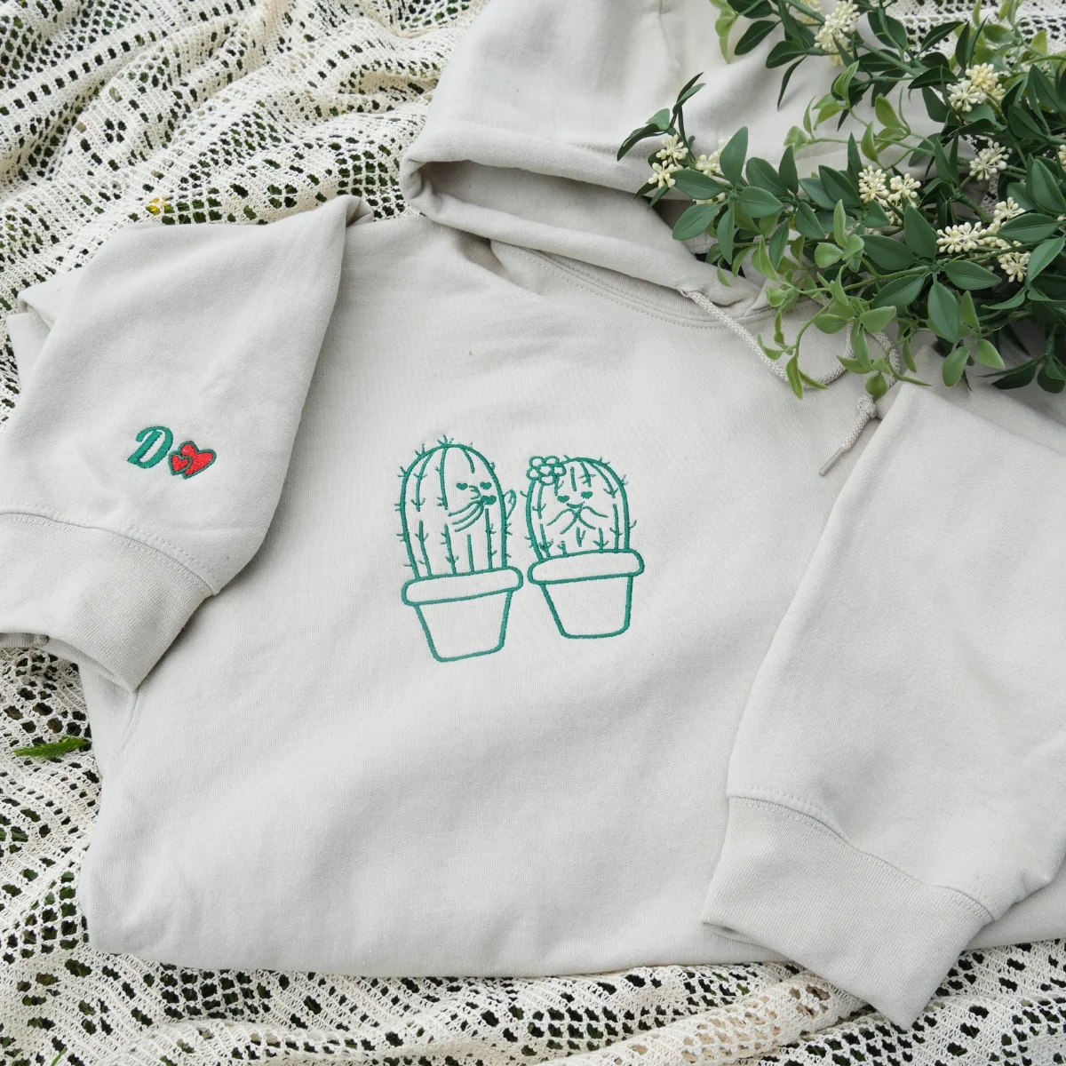 Custom Embroidered Cactus Matching Hoodies for Couples - Image 3